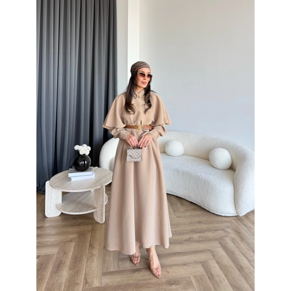 Qu - Aller Pelerinli Modal Elbise - Camel