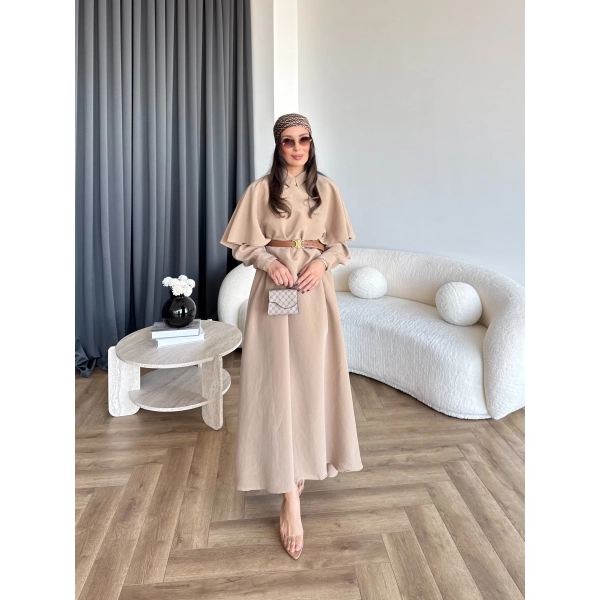 Qu - Aller Pelerinli Modal Elbise - Camel