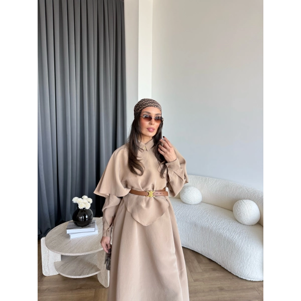 Qu - Aller Pelerinli Modal Elbise - Camel