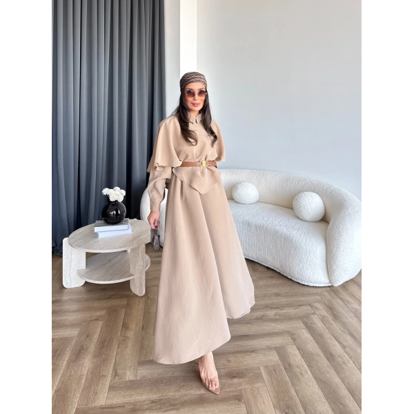 Qu - Aller Pelerinli Modal Elbise - Camel