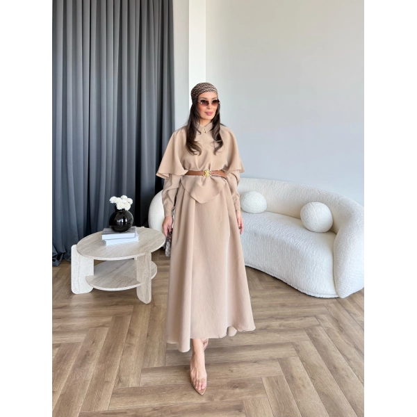 Qu - Aller Pelerinli Modal Elbise - Camel