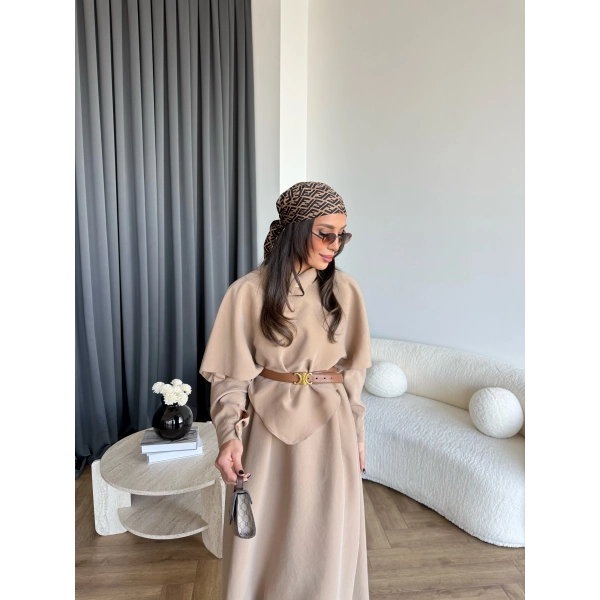 Qu - Aller Pelerinli Modal Elbise - Camel