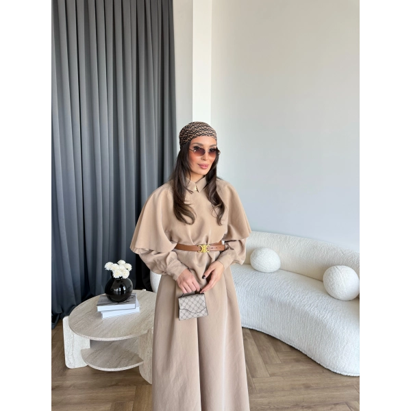 Qu - Aller Pelerinli Modal Elbise - Camel