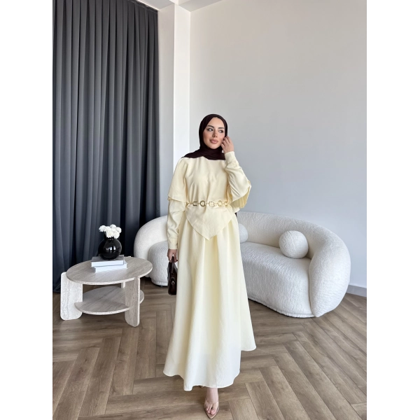 Qu - Aller Pelerinli Modal Elbise - Sarı