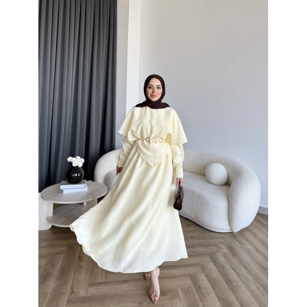 Qu - Aller Pelerinli Modal Elbise - Sarı