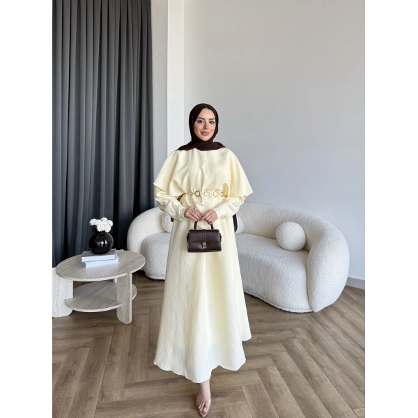 Qu - Aller Pelerinli Modal Elbise - Sarı