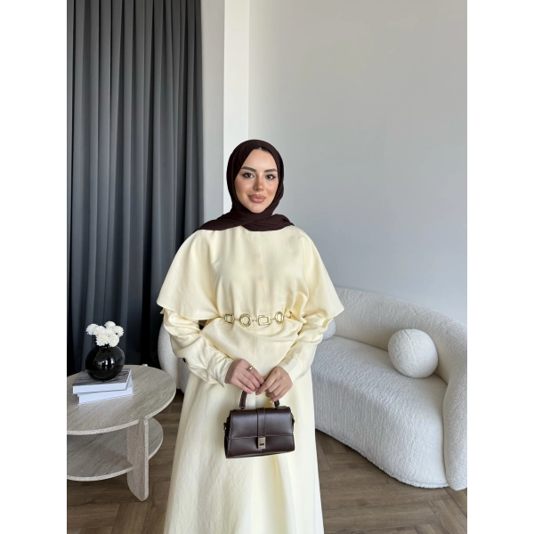 Qu - Aller Pelerinli Modal Elbise - Sarı