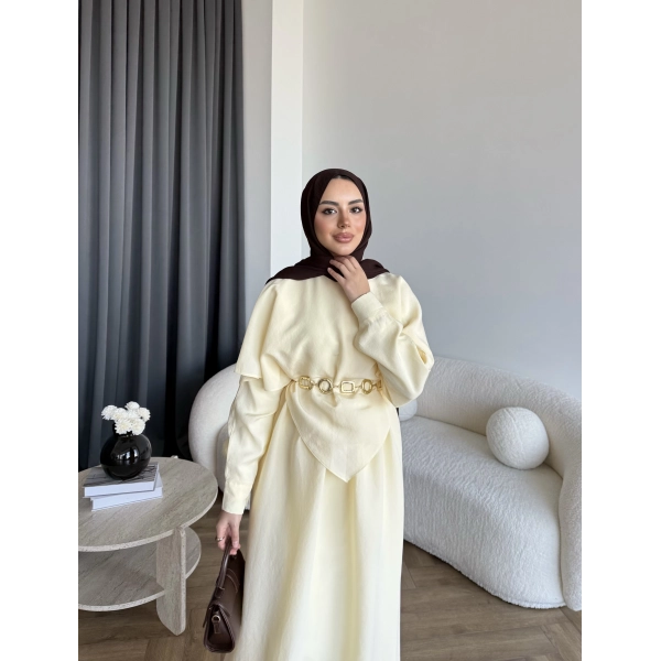 Qu - Aller Pelerinli Modal Elbise - Sarı