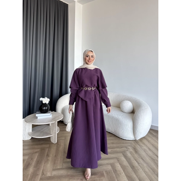 Qu - Aller Pelerinli Modal Elbise - Mor
