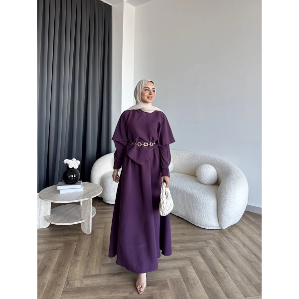 Qu - Aller Pelerinli Modal Elbise - Mor