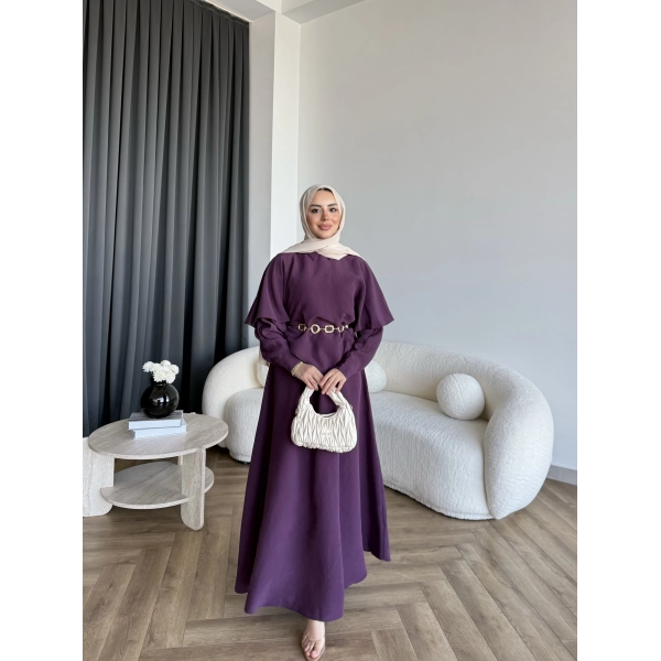 Qu - Aller Pelerinli Modal Elbise - Mor
