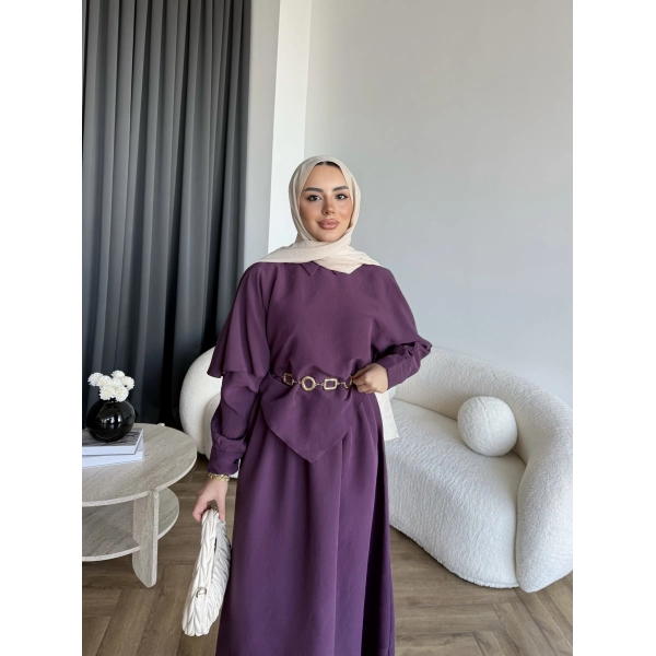 Qu - Aller Pelerinli Modal Elbise - Mor