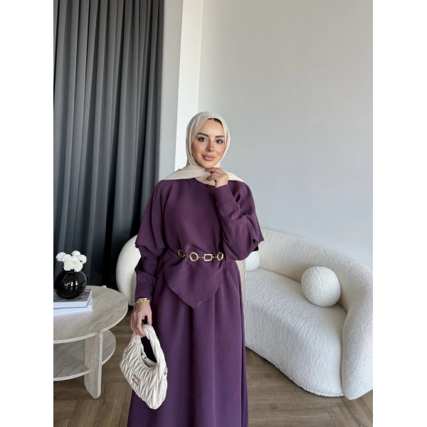 Qu - Aller Pelerinli Modal Elbise - Mor