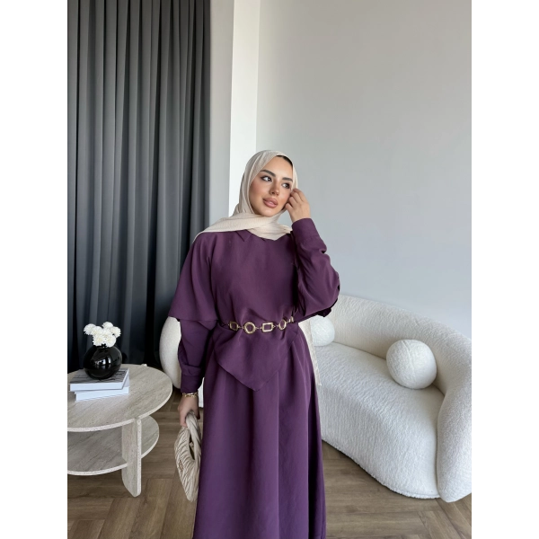 Qu - Aller Pelerinli Modal Elbise - Mor