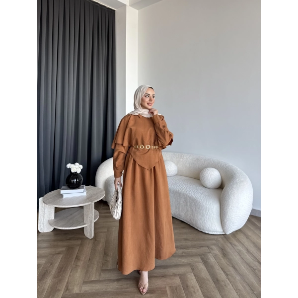 Qu - Aller Pelerinli Modal Elbise - Kiremit