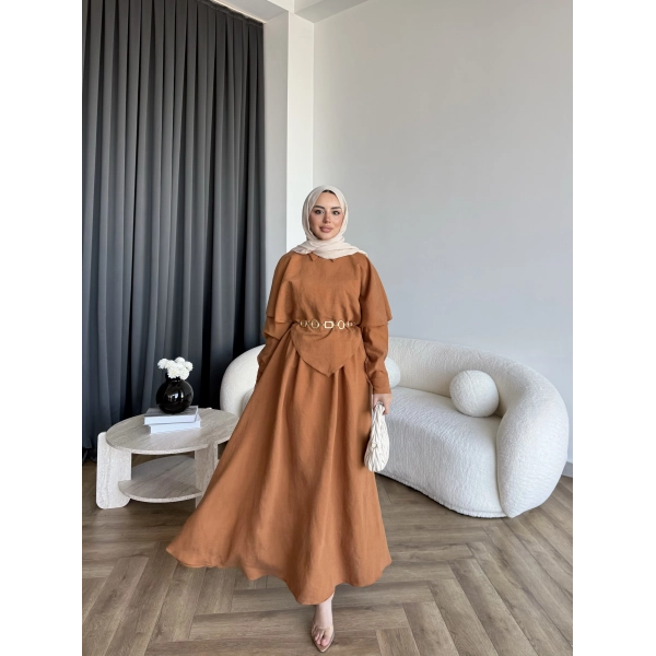 Qu - Aller Pelerinli Modal Elbise - Kiremit