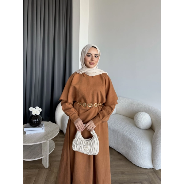 Qu - Aller Pelerinli Modal Elbise - Kiremit