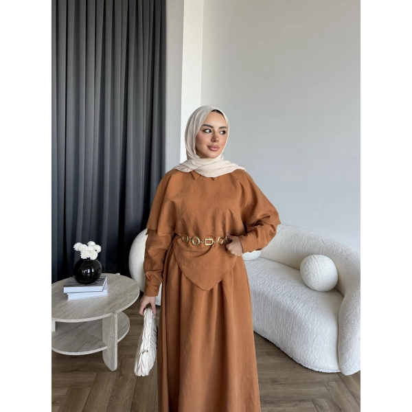 Qu - Aller Pelerinli Modal Elbise - Kiremit