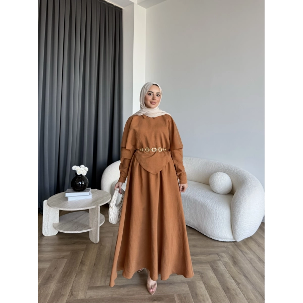 Qu - Aller Pelerinli Modal Elbise - Kiremit