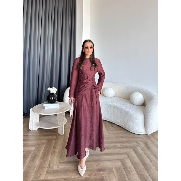 Pwn - Cavellia Büzgülü Elbise - Bordo