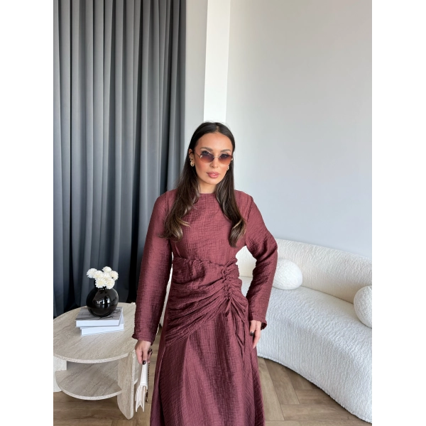 Pwn - Cavellia Büzgülü Elbise - Bordo