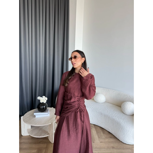 Pwn - Cavellia Büzgülü Elbise - Bordo