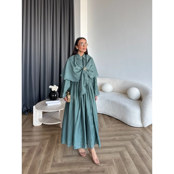 Qu - Quase Pelerin Detay Etek Takım - Petrol Yeşil