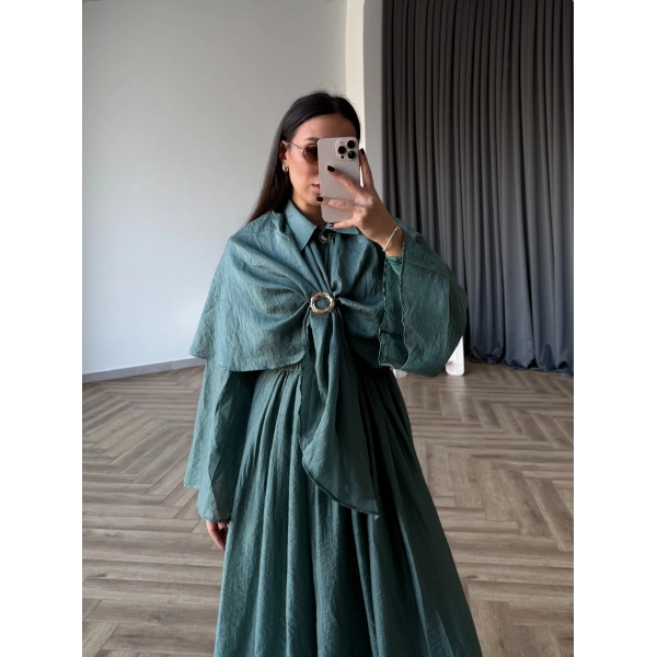 Qu - Quase Pelerin Detay Etek Takım - Petrol Yeşil