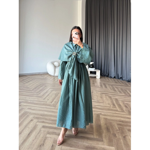 Qu - Quase Pelerin Detay Etek Takım - Petrol Yeşil