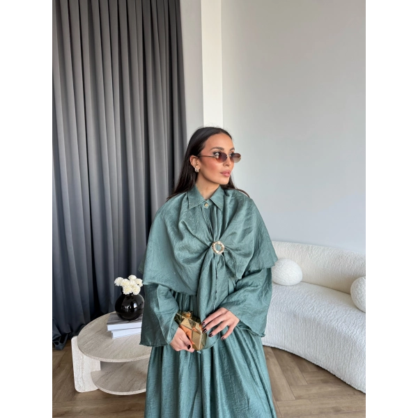 Qu - Quase Pelerin Detay Etek Takım - Petrol Yeşil