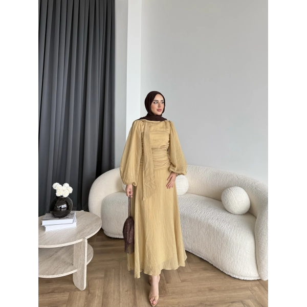 Qu - Salkım Belden Oturtmalı Elbise - Yağ Yeşil