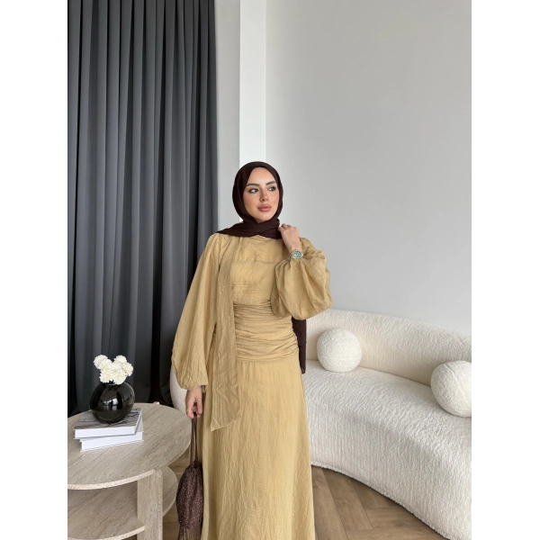 Qu - Salkım Belden Oturtmalı Elbise - Yağ Yeşil