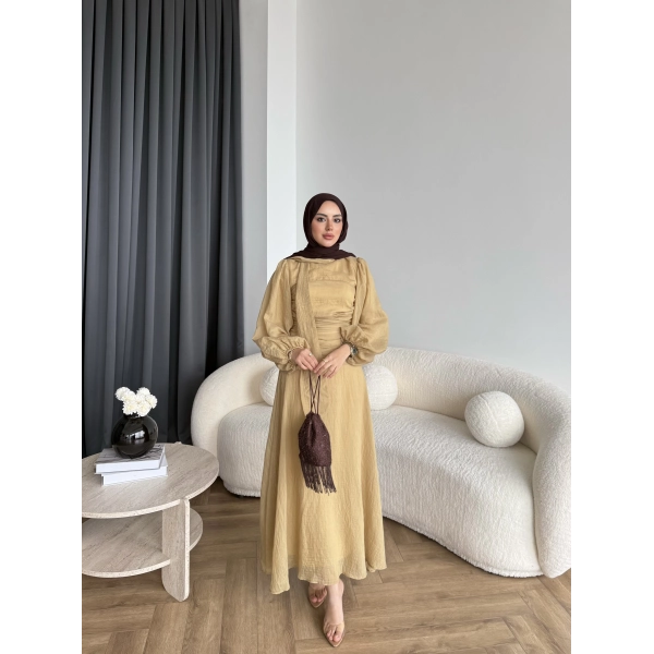 Qu - Salkım Belden Oturtmalı Elbise - Yağ Yeşil