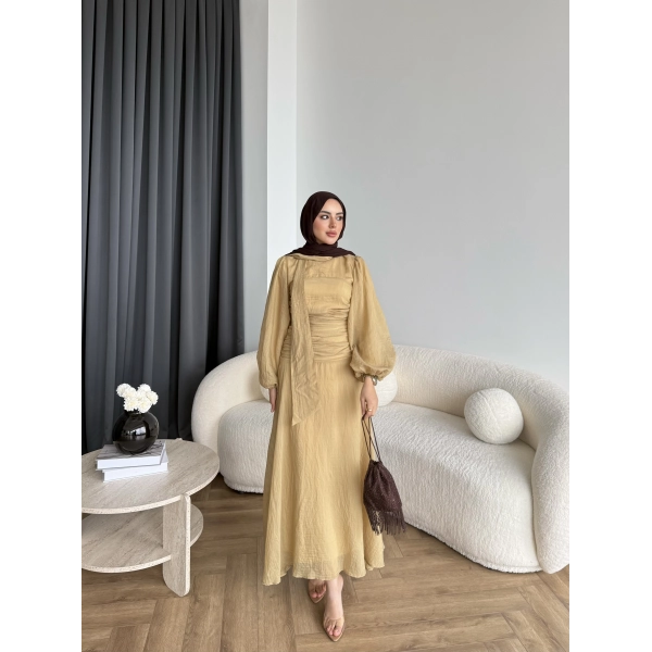 Qu - Salkım Belden Oturtmalı Elbise - Yağ Yeşil