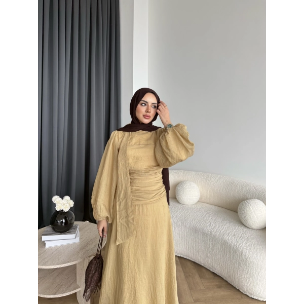 Qu - Salkım Belden Oturtmalı Elbise - Yağ Yeşil