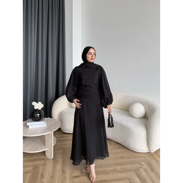 Qu - Salkım Belden Oturtmalı Elbise - Siyah