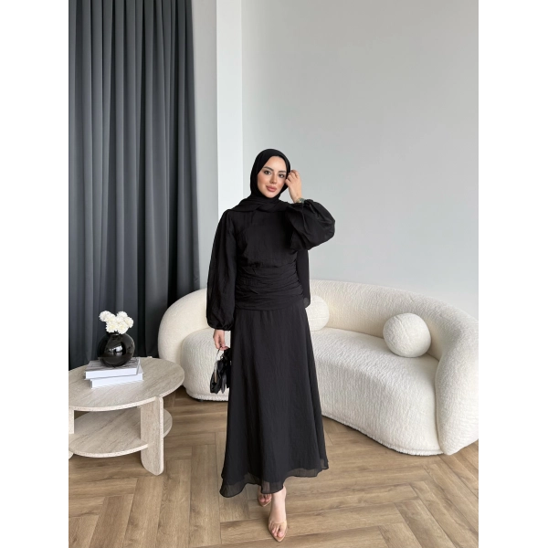 Qu - Salkım Belden Oturtmalı Elbise - Siyah