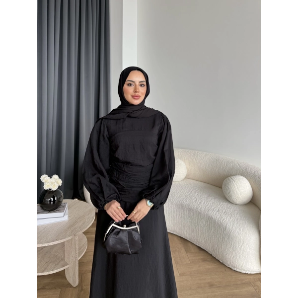 Qu - Salkım Belden Oturtmalı Elbise - Siyah