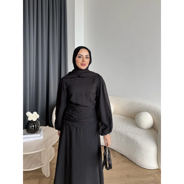 Qu - Salkım Belden Oturtmalı Elbise - Siyah