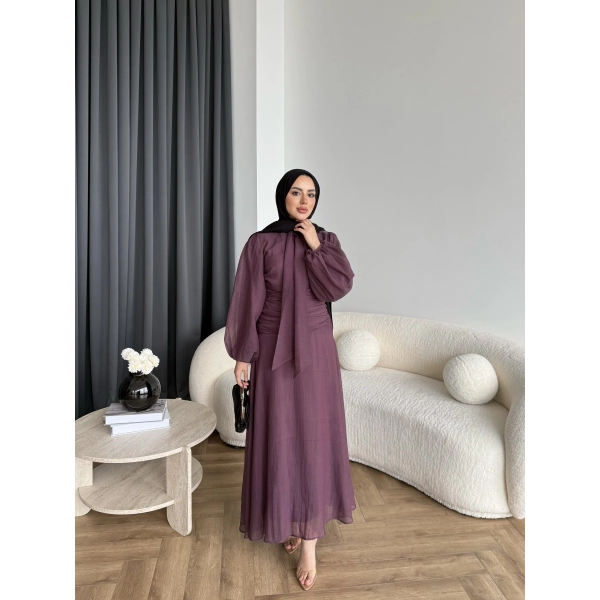 Qu - Salkım Belden Oturtmalı Elbise - Mürdüm