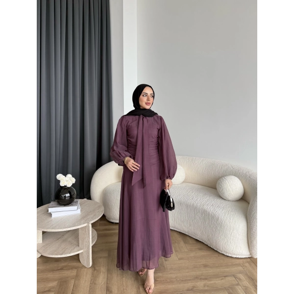 Qu - Salkım Belden Oturtmalı Elbise - Mürdüm