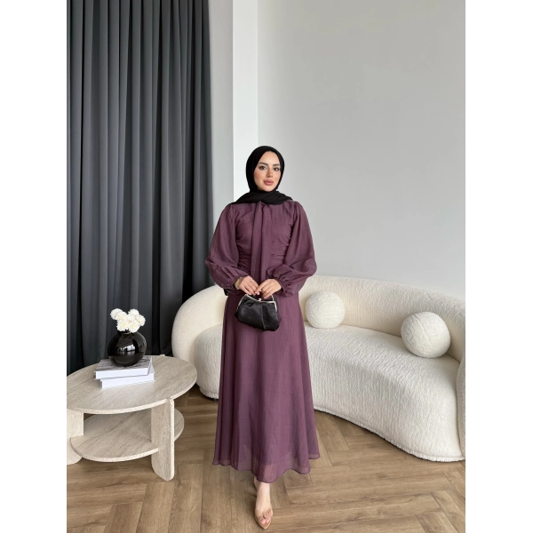 Qu - Salkım Belden Oturtmalı Elbise - Mürdüm