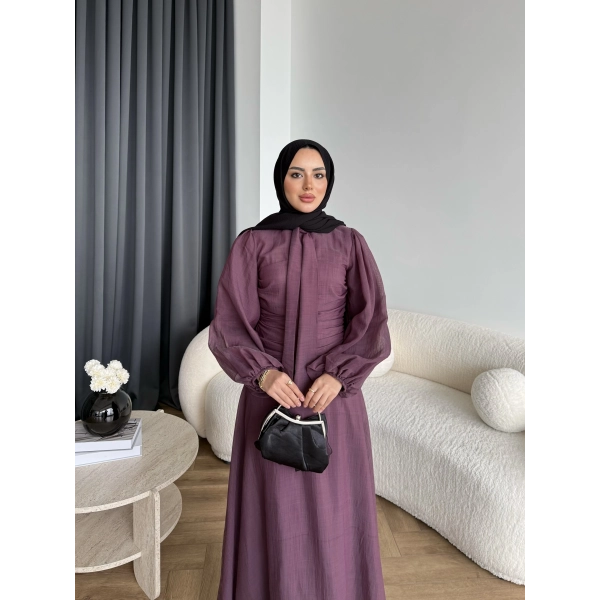 Qu - Salkım Belden Oturtmalı Elbise - Mürdüm