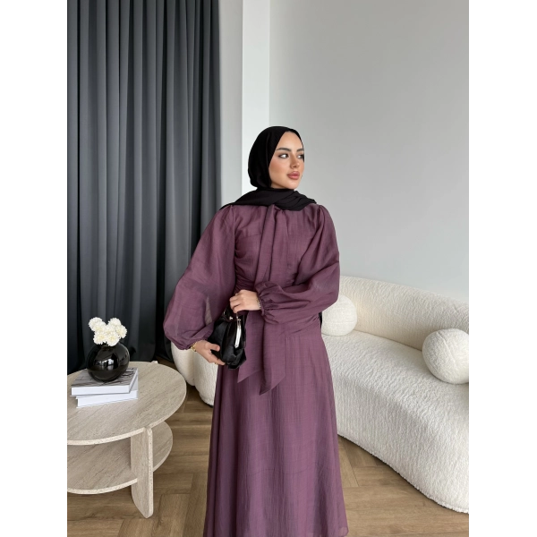 Qu - Salkım Belden Oturtmalı Elbise - Mürdüm