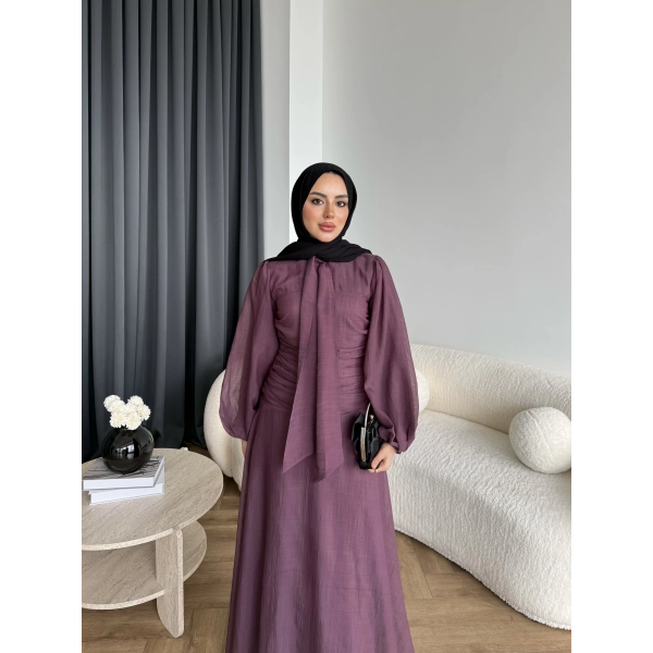 Qu - Salkım Belden Oturtmalı Elbise - Mürdüm