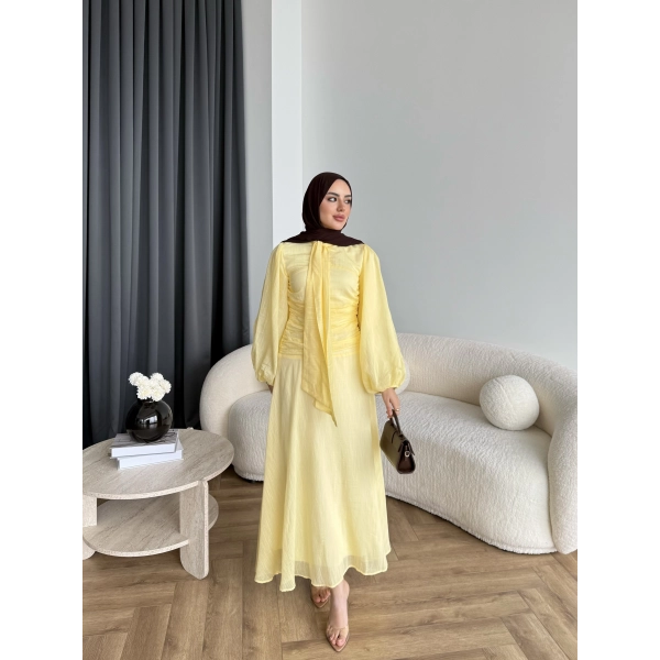 Qu - Salkım Belden Oturtmalı Elbise - Sarı