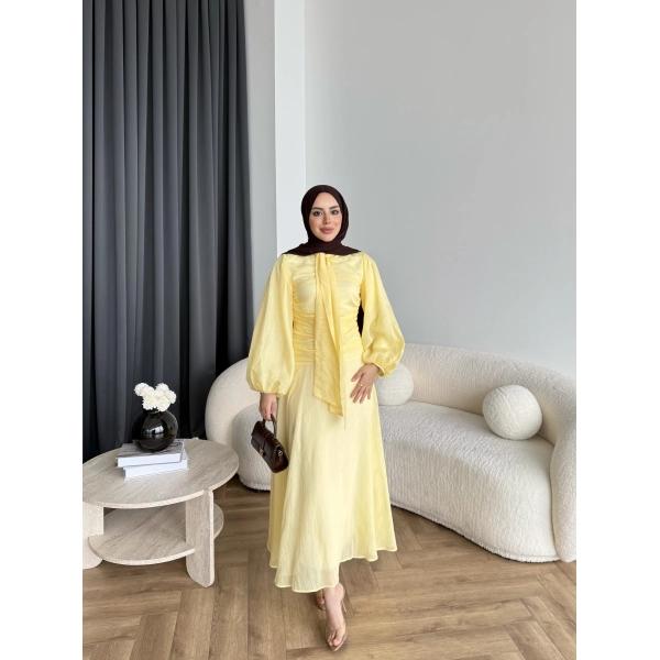 Qu - Salkım Belden Oturtmalı Elbise - Sarı