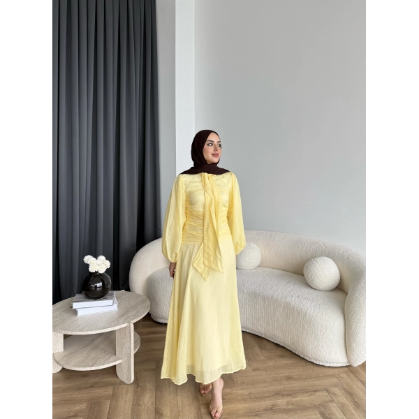 Qu - Salkım Belden Oturtmalı Elbise - Sarı