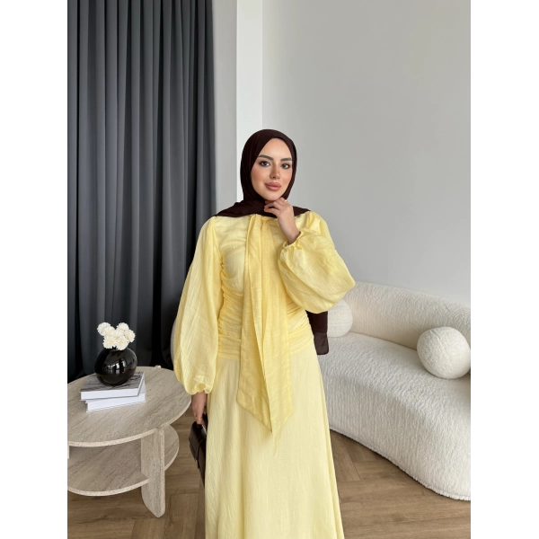 Qu - Salkım Belden Oturtmalı Elbise - Sarı