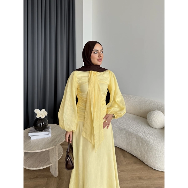 Qu - Salkım Belden Oturtmalı Elbise - Sarı